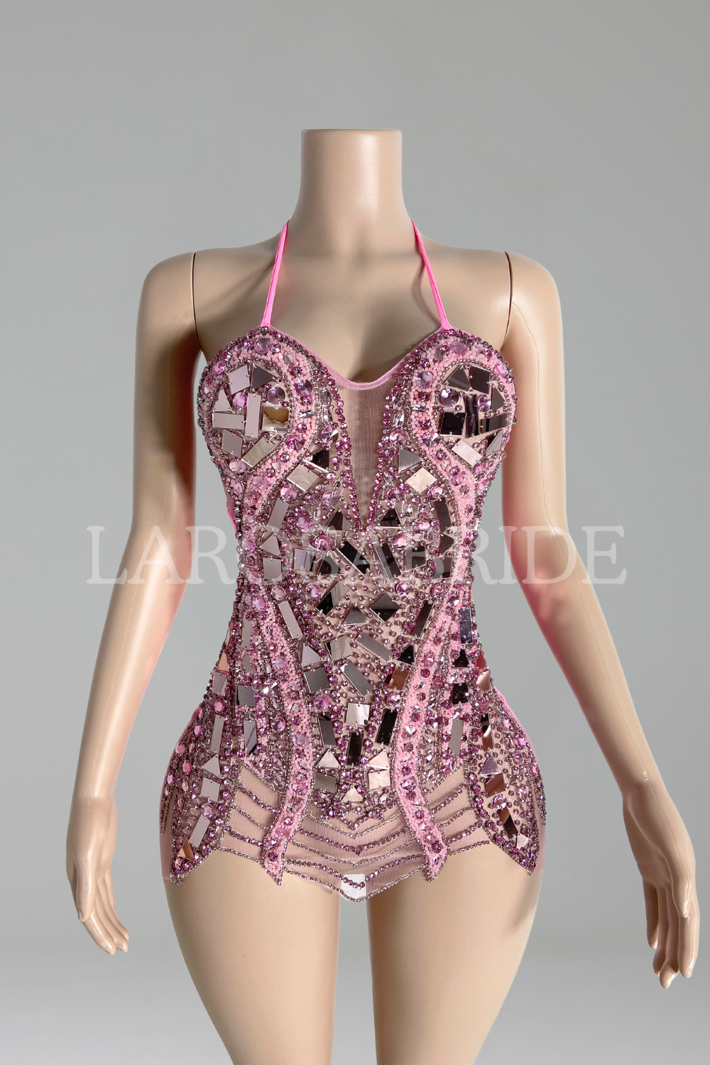 Mirror-Shard Beaded Halter Mini Dress-Larosabride