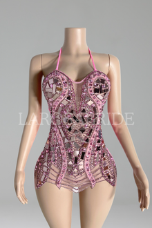 Mirror-Shard Beaded Halter Mini Dress-Larosabride