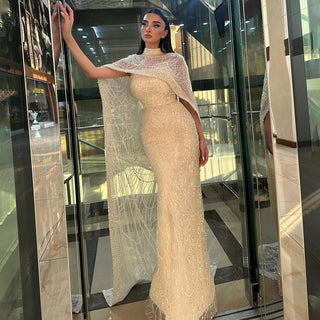 Ships in 2 to 5 Days - Luxury Nude Mermaid Evening Gown with Long Cape – Saudi Arabic Formal Dress