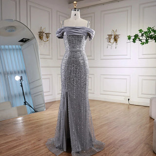 Silver Off-Shoulder Beaded Gown