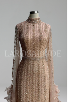 Gown with Feathered Cape Sleeves - LAROSABRIDE