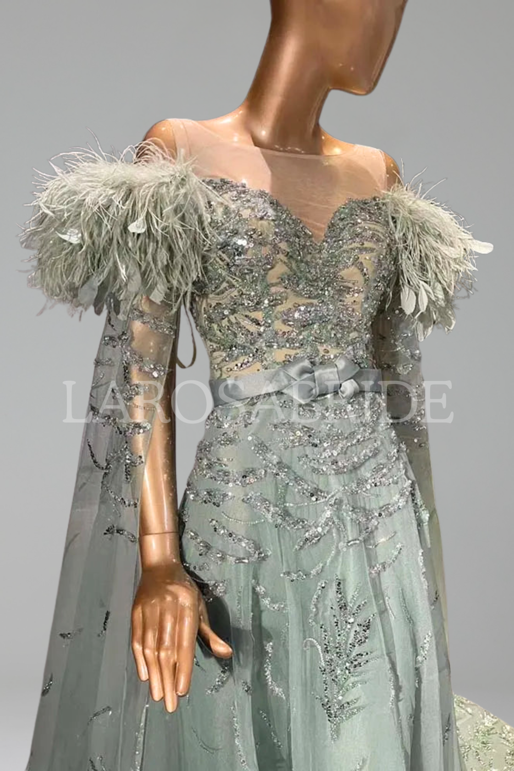 Feathered Cape-Sleeve Evening Dress-Larosabride