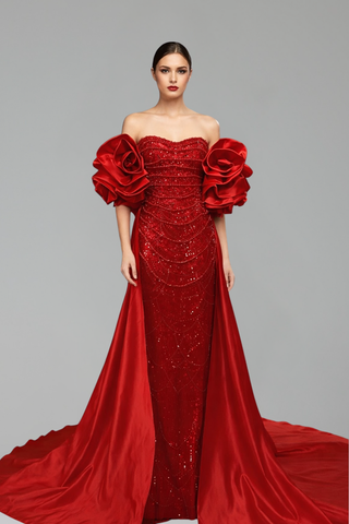 Strapless Rosette Train Dress-Larosabride