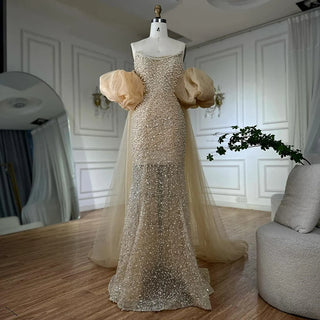 Ships in 2 to 5 Days - 2025 White Beaded Strapless Evening & Wedding Gown with Detachable Puffy Sleeves – Formal Party Dress