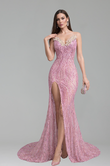 Beaded Illusion Slit Mermaid Gown - LAROSABRIDE
