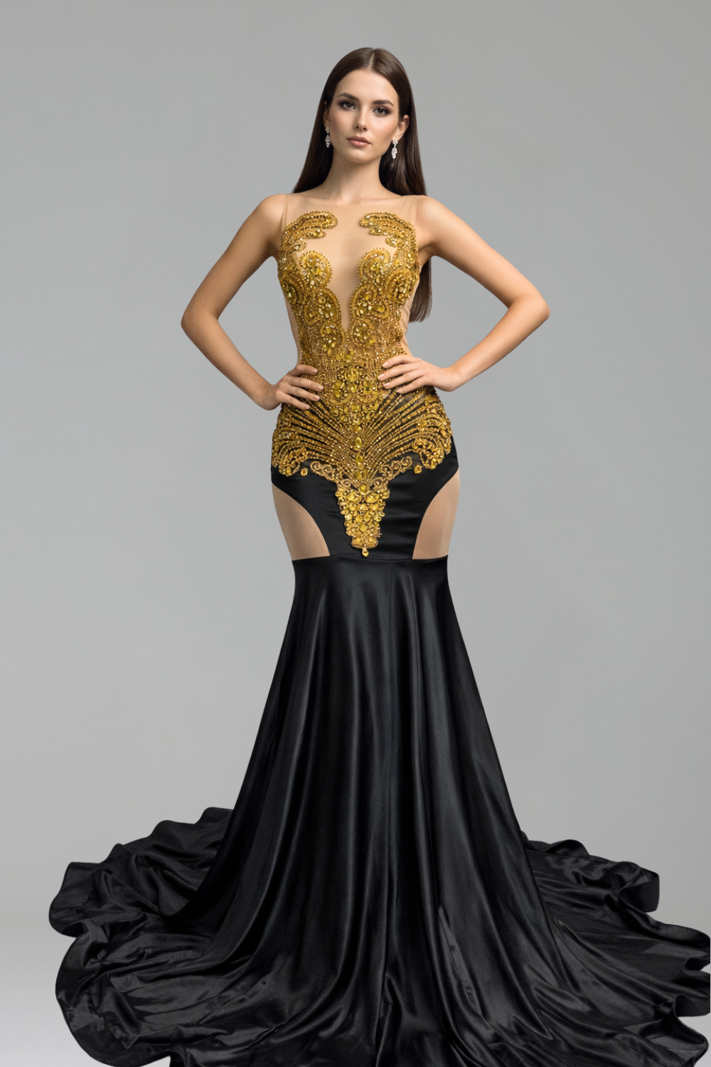 Illusion Cutout Embellished Satin Mermaid Gown - LAROSABRIDE
