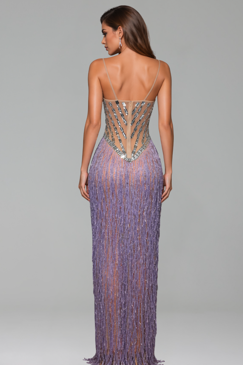 Crystal Embellished Fringe Slit Dress - LAROSABRIDE