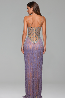 Crystal Embellished Fringe Slit Dress - LAROSABRIDE