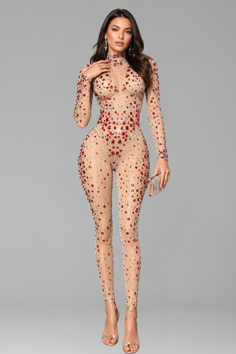High Neck Crystal Embellished Illusion Jumpsuit - LAROSABRIDE