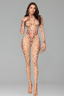 High Neck Crystal Embellished Illusion Jumpsuit - LAROSABRIDE