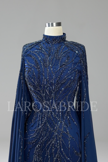Beaded Satin Mermaid Cape Gown - LAROSABRIDE