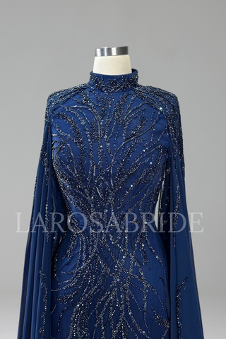 Beaded Satin Mermaid Cape Gown - LAROSABRIDE