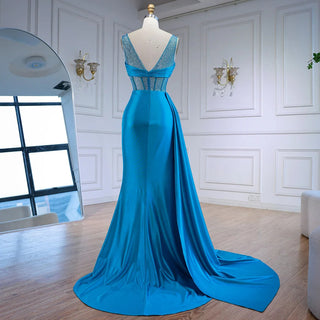 Ships in 2 to 5 Days - Luxury Blue Prom Dress – Spaghetti Strap Evening Gown with Dramatic Side Overskirt.