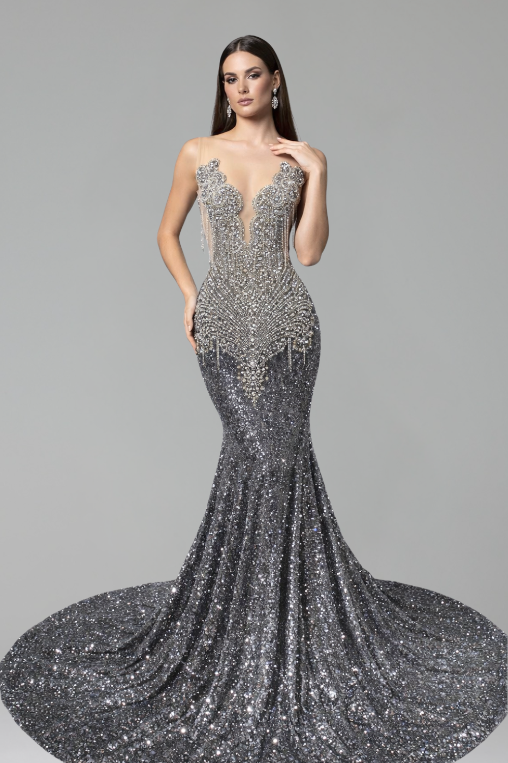 Embellished Illusion Satin Mermaid Gown - LAROSABRIDE
