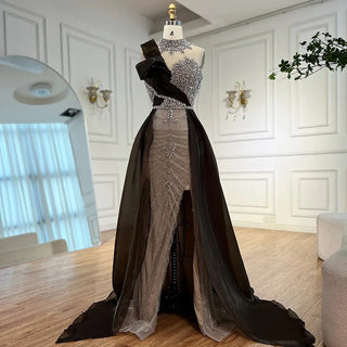 One-Shoulder Beaded Overskirt Gown