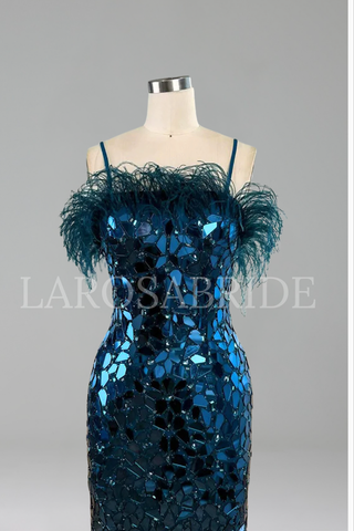 Blue Mirror Beaded Midi Dress Feather - LAROSABRIDE