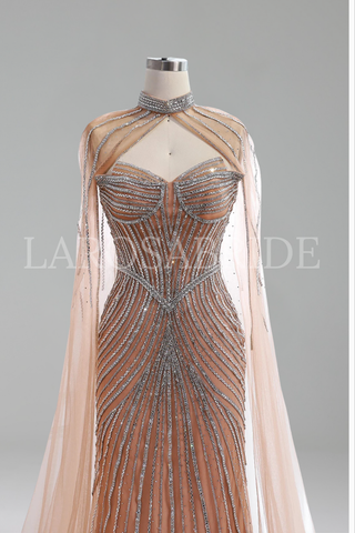 Nude Mermaid Beaded with Cape - LAROSABRIDE