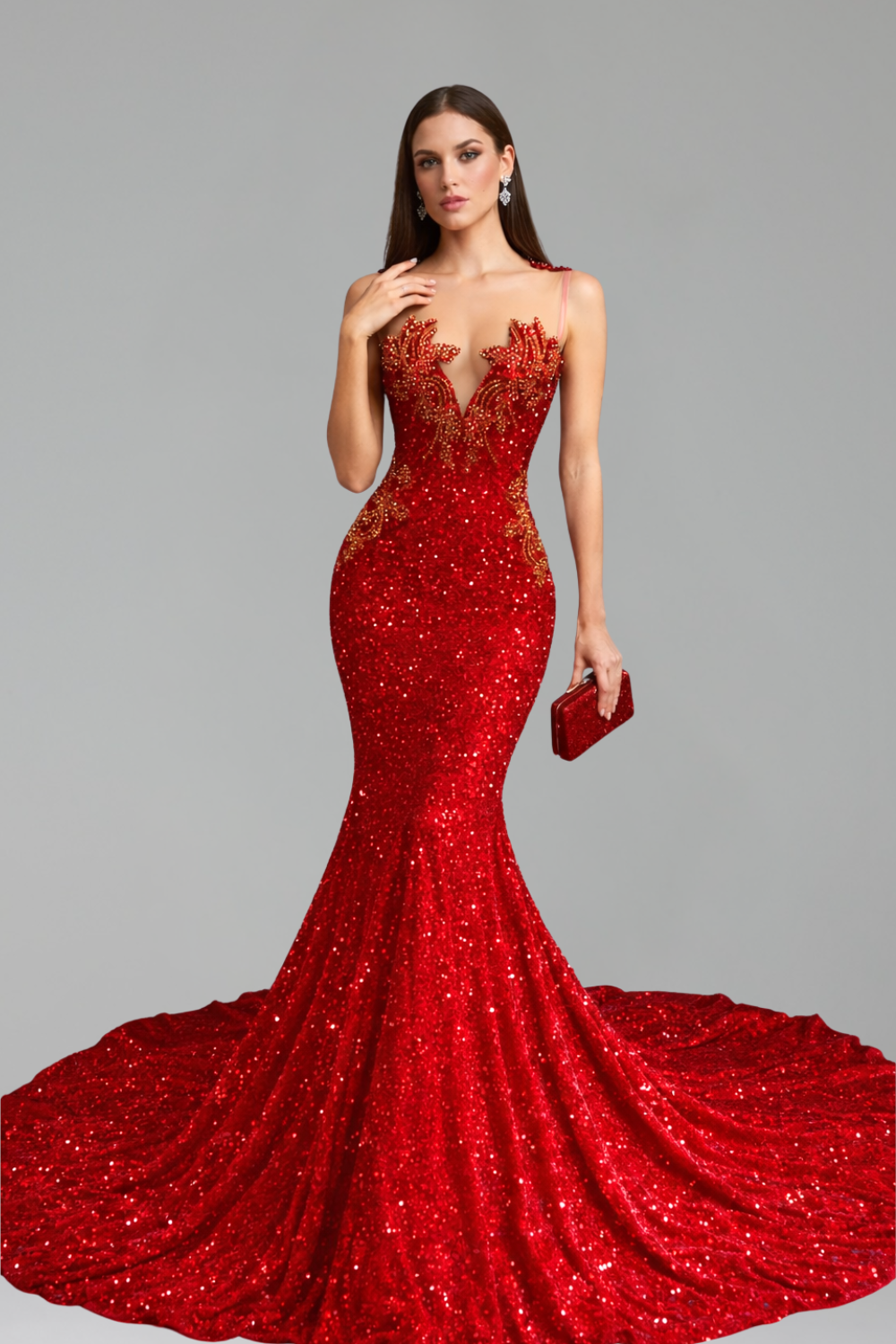 Deep V Embellished Mermaid Gown - LAROSABRIDE