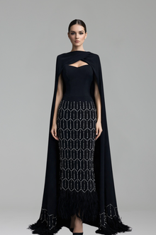 Cape-Detail Beaded Column Dress-Larosabride
