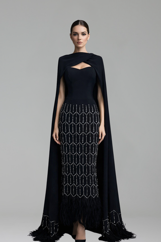 Cape-Detail Beaded Column Dress
