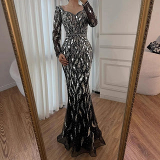 Luxury Black & Silver Sequin‑Embellished Mermaid Evening Gown – Long‑Sleeve 2025 Edition