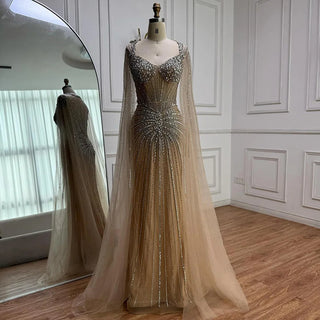 Ships in 2 to 5 Days - Luxury Nude Beaded Evening Dress – Saudi-Inspired Formal Gown with Cape Sleeves
