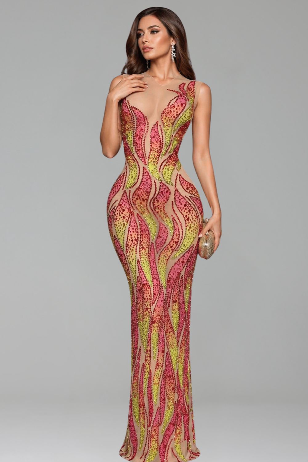 Flame Pattern Sheer Illusion Gown - LAROSABRIDE