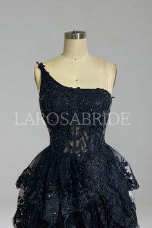 One-Shoulder Tiered Lace A-Line Dress-Larosabride