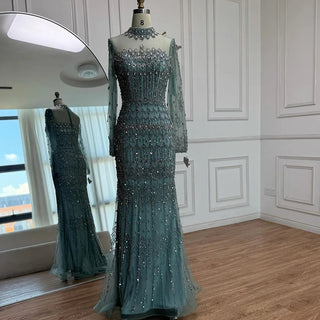 Embellished High-Neck Sheer Sleeve Gown
