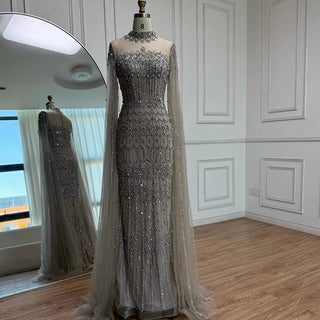 High-Neck Beaded Cape Gown