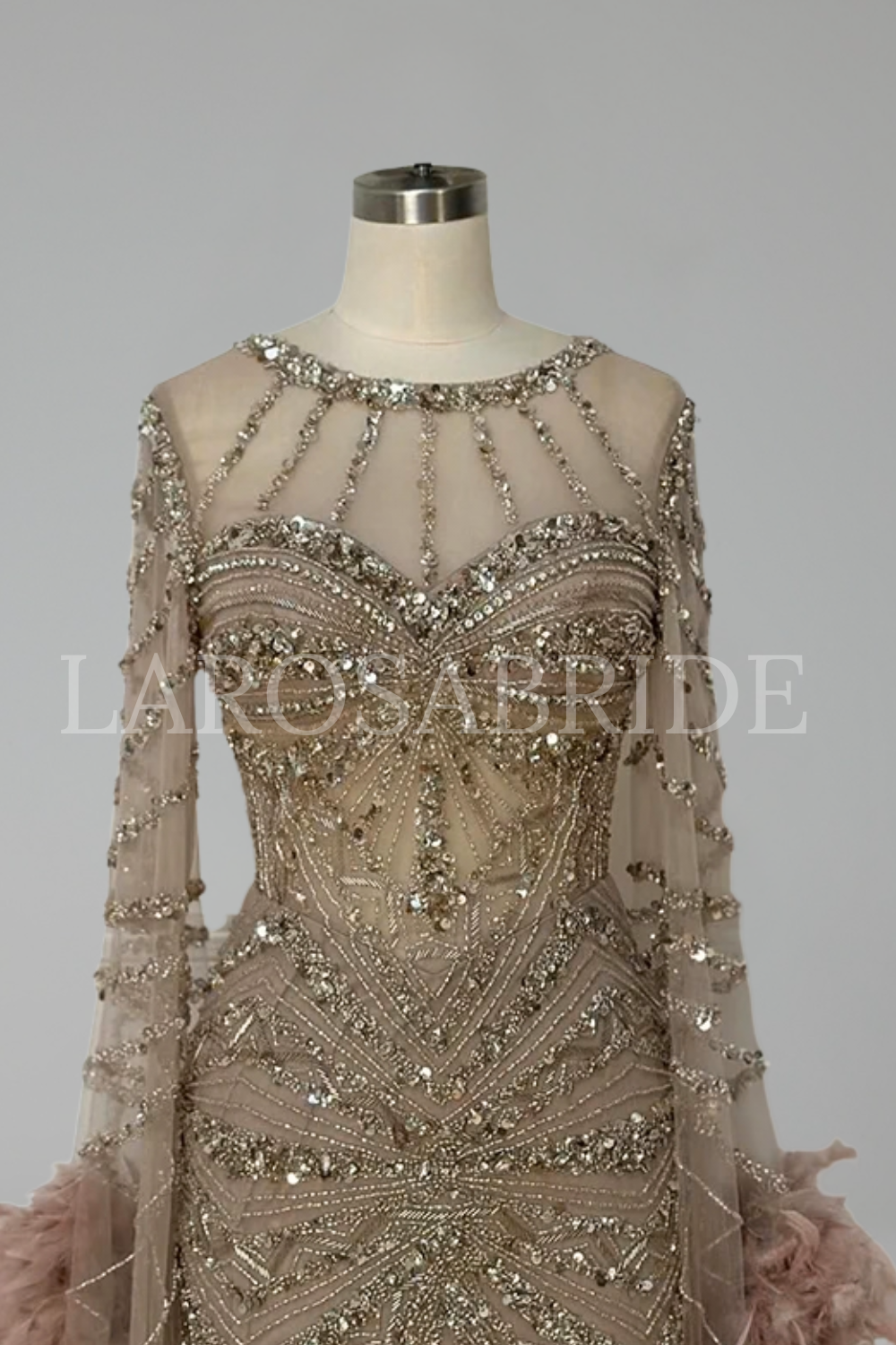 Beaded Mermaid Gown with Feather Cuffs - LAROSABRIDE