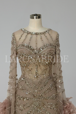 Beaded Mermaid Gown with Feather Cuffs - LAROSABRIDE