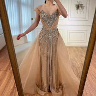 Ships in 2 to 5 Days - Luxury Red Beaded Mermaid Evening Dress – Gown with Overskirt and Thigh-High Slit