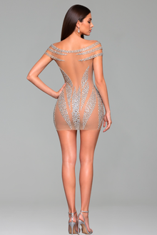 Off-Shoulder Sheer Embellished Mini Dress - LAROSABRIDE