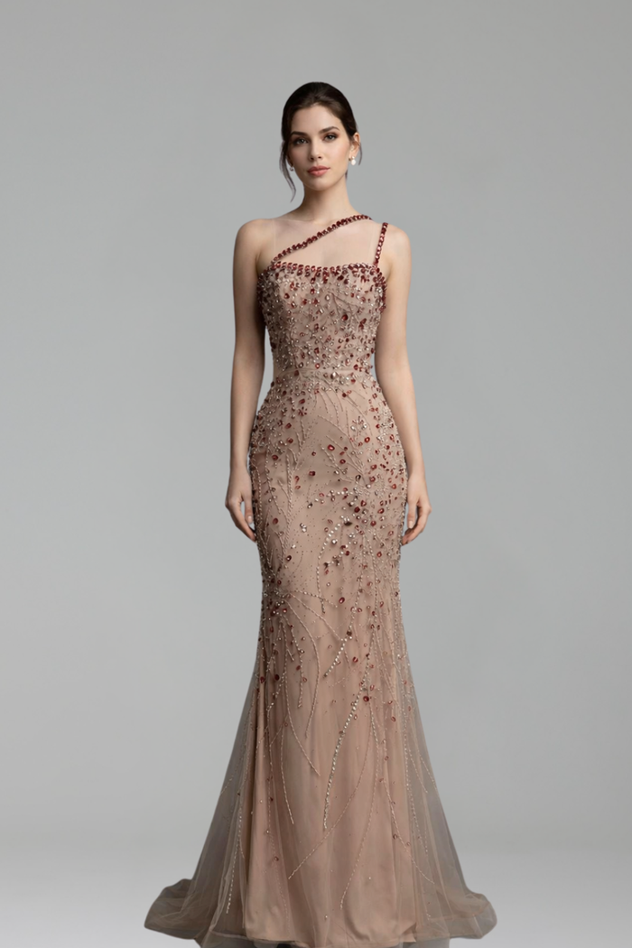 One-Shoulder Ruby Embellished Gown