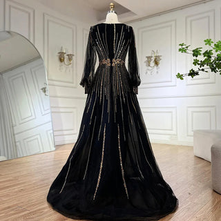2025 Black Lantern Long Sleeves Evening Dress - Luxury Beaded A-Line Gown for Women’s Parties
