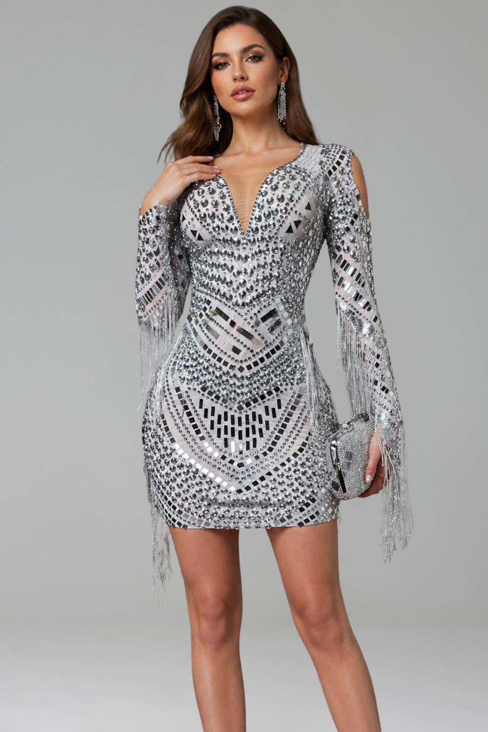 Crystal Embellished Fringe Mini Dress - LAROSABRIDE