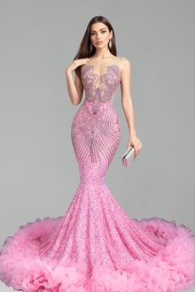 Sheer Embellished Sequin Mermaid Gown - LAROSABRIDE