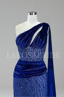 Beaded One Shoulder Mermaid Dress - LAROSABRIDE