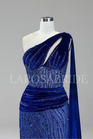 Beaded One Shoulder Mermaid Dress - LAROSABRIDE