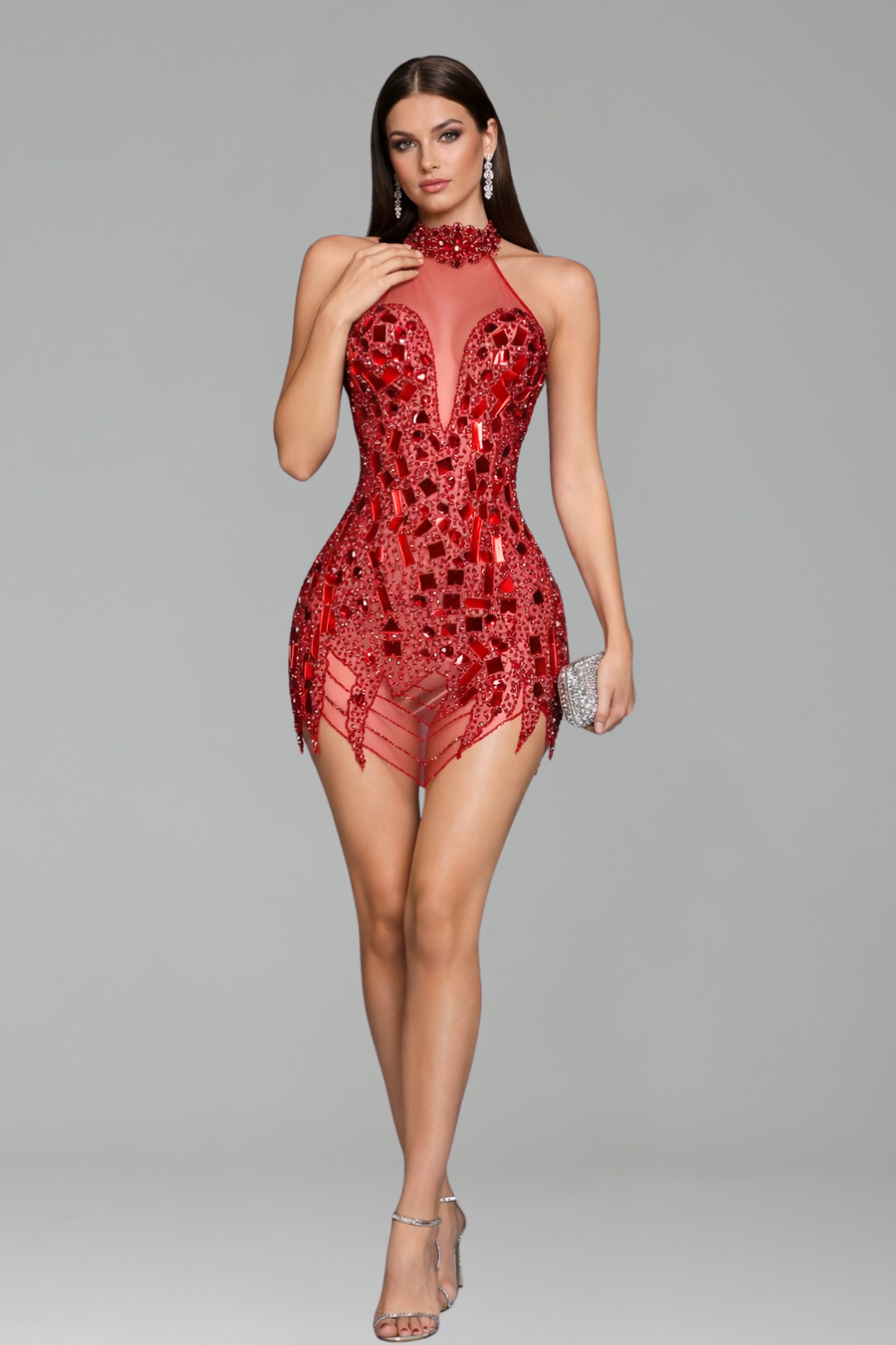 Red Mirror Embellished Mini Dress - LAROSABRIDE