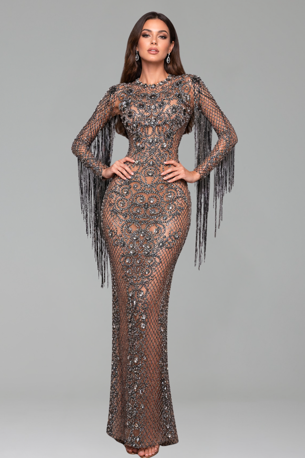 Long Sleeve Embellished Fringe Illusion Gown - LAROSABRIDE