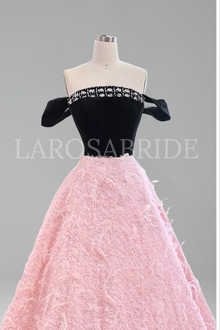 Pink Beaded Feather A-Line Off-Shoulder - LAROSABRIDE