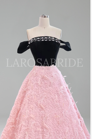 Pink Beaded Feather A-Line Off-Shoulder - LAROSABRIDE