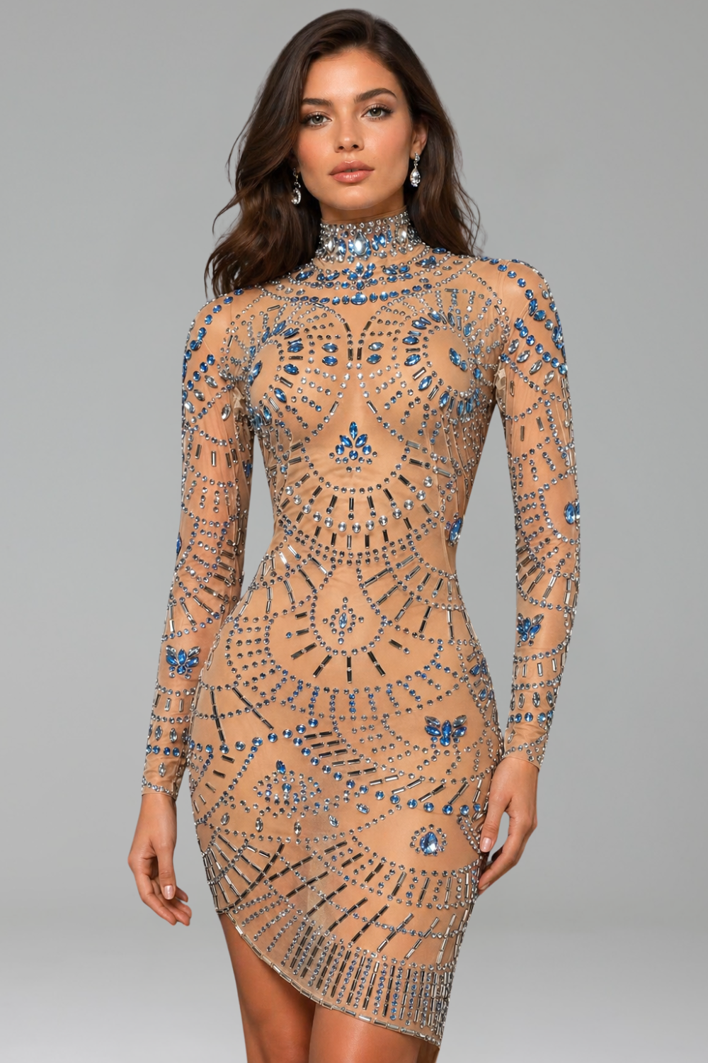 High-Neck Crystal Embellished Mini Dress - LAROSABRIDE