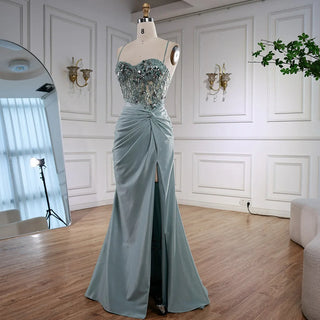 Ships in 2 to 5 Days - Luxury Light Green Satin Prom Dress – Lace Sequin Spaghetti Strap Evening Gown with Slit