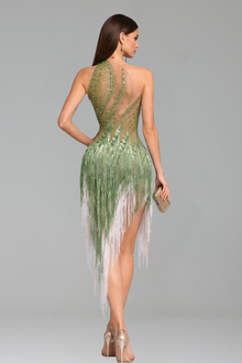 Fringed Illusion Asymmetric Mini Dress - LAROSABRIDE