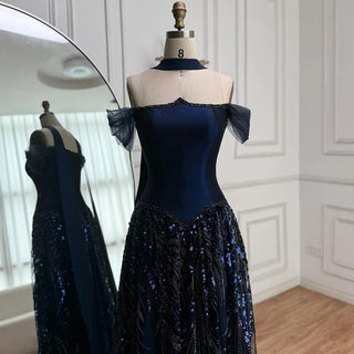 Ships in 2 to 5 Days - Luxury Arabic Navy Blue Beaded A-Line Evening Gown – Elegant Formal Dress 2025.