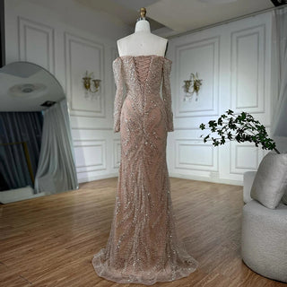 Ships in 2 to 5 Days - Luxury Beaded Off-Shoulder Evening Gown – Long Sleeve Dress with Sparkling Sequins