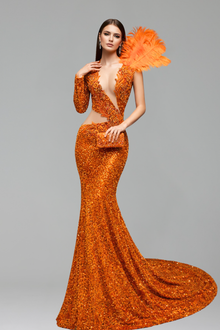 Feather Shoulder Cutout Mermaid Gown - LAROSABRIDE